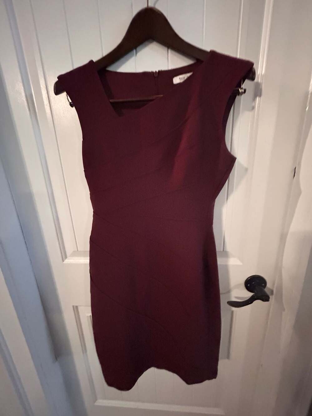 White House Black Market Burgundy Asymmetrical Pintuck Sheath Dress